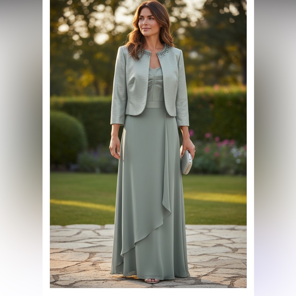 TAHARI CHIFFON GOWN WITH JACKET SIZE 8 METALLIC JACQUARD ARTHUR LEVINE MINT. - Picture 3 of 15